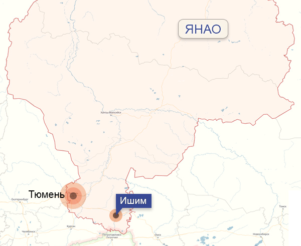 Ишим Тюменская область на карте России.